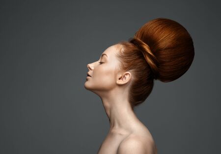 Beauty Girl Portrait. High hairstyle with decorations, fashion portrait.の写真素材