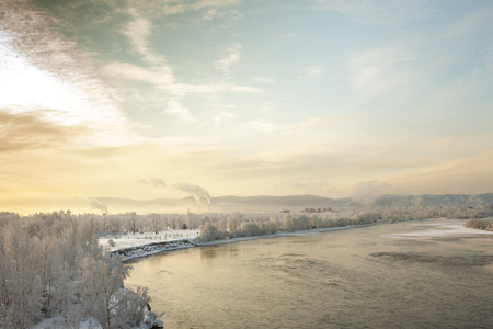 View of the winter city of Krasnoyarsk from the parkの写真素材