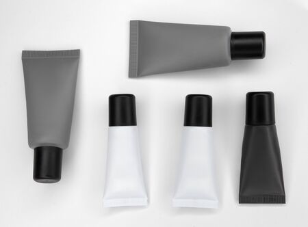 Cosmetics SPA branding mockup. Clear minimalist beauty products packaging. Top view, flat lay.の写真素材