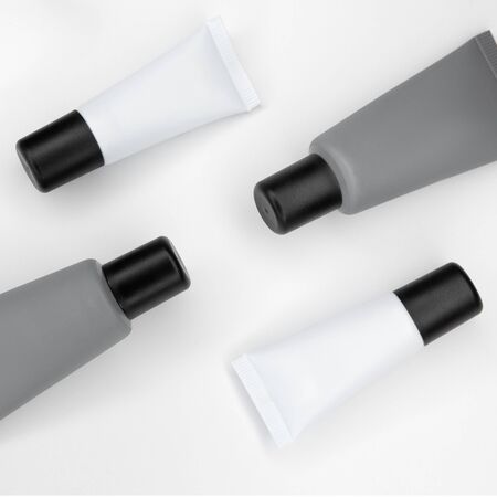 Cosmetics SPA branding mockup. Clear minimalist beauty products packaging. Top view, flat lay.の写真素材