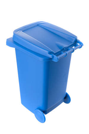 Plastic blue trash can isolated on white backgroundの写真素材