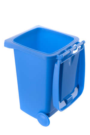 Plastic blue trash can isolated on white backgroundの写真素材