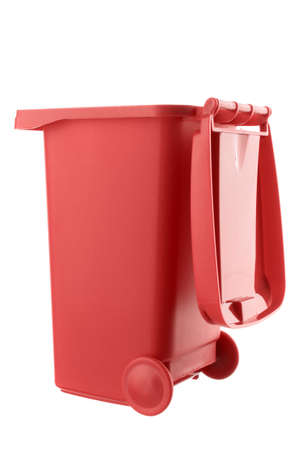 Plastic red trash can isolated on white backgroundの写真素材