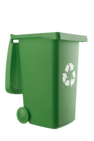 Plastic green trash can isolated on white backgroundの写真素材