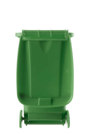 Plastic green trash can isolated on white backgroundの写真素材