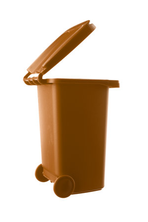 Plastic brown trash can isolated on white backgroundの写真素材