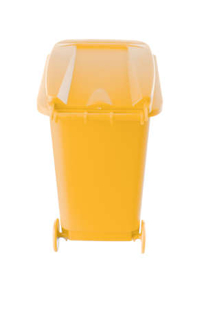 Plastic yellow trash can isolated on white backgroundの写真素材