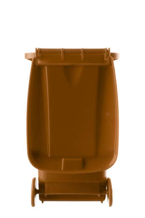 Plastic brown trash can isolated on white backgroundの写真素材