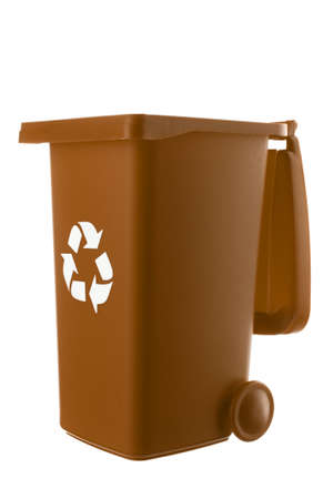 Plastic brown trash can isolated on white backgroundの写真素材