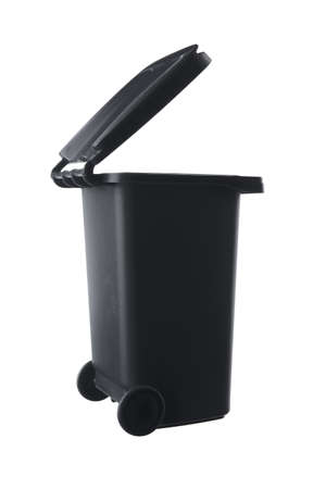 Plastic black trash can isolated on white backgroundの写真素材