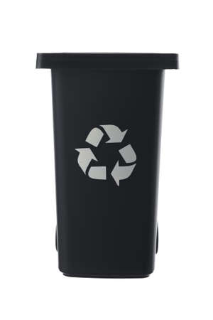 Plastic black trash can isolated on white backgroundの写真素材