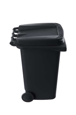 Plastic black trash can isolated on white backgroundの写真素材