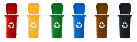 Set of plastic multicolored trash cans isolated on white backgroundの写真素材