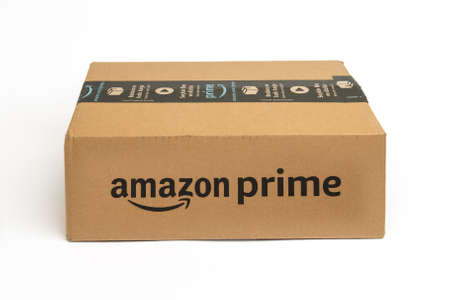 ISTANBUL, TURKEY - JANUARY 17, 2021: Amazon Prime cargo box on white background. Amazon order package.のeditorial素材