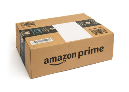 ISTANBUL, TURKEY - JANUARY 17, 2021: Amazon Prime cargo box on white background. Amazon order package.のeditorial素材