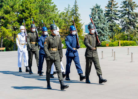 ANKARA, TURKEY - SEPTEMBER 3, 2020: Turkish Soldiers walking for Changing of Guards in Anitkabir....