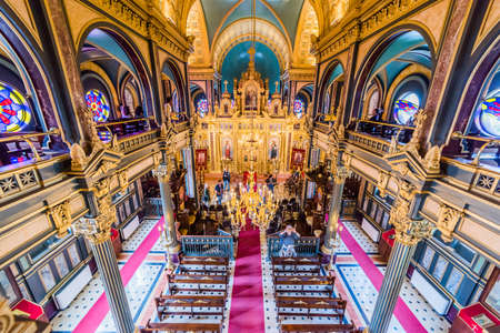 ISTANBUL, TURKEY - APRIL 7, 2019: Bulgarian St. Stephen Church (Iron Church) interior view. 120 years old Bulgarion Orthodox Iron Church in Golden Horn, Istanbul, Turkey.のeditorial素材
