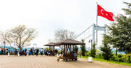 ISTANBUL, TURKEY - MAY 4, 2019: View of the Istanbul Bosphorus from Otagtepe. Fatih Sultan Mehmet Bridge with Turkish Flag. Istanbul Turkey.のeditorial素材