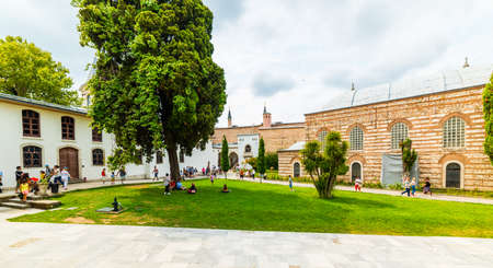 ISTANBUL - AUGUST 15, 2019: Tourists on the Garden of Topkapi Palace with bosphorus view. ISTANBUL TURKEY.のeditorial素材