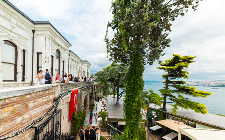ISTANBUL - AUGUST 15, 2019: Tourists on the Garden of Topkapi Palace with bosphorus view. ISTANBUL TURKEY.のeditorial素材