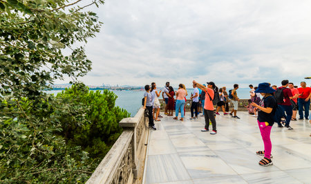 ISTANBUL - AUGUST 15, 2019: Tourists on the Garden of Topkapi Palace with bosphorus view. ISTANBUL TURKEY.のeditorial素材