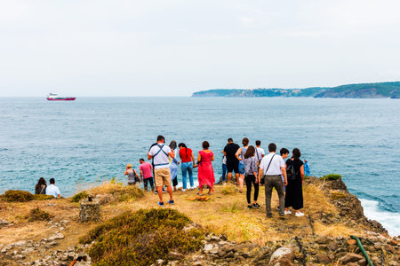 ISTANBUL - AUGUST 14, 2019: Peoples watching sea in Garipce Village. Garipce is a village in Sariyer district of Istanbul Province, Turkey.のeditorial素材