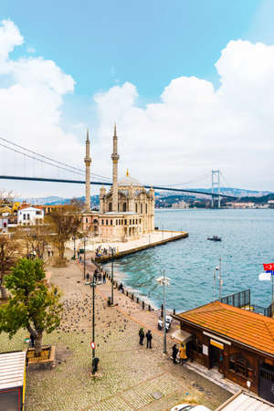 ORTAKOY, ISTANBUL, TURKEY. Ortakoy Mosque and Bosphorus Bridge (15th July Martyrs Bridge). Aerial view of Istanbul.のeditorial素材