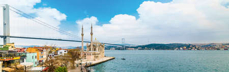 ORTAKOY, ISTANBUL, TURKEY. Ortakoy Mosque and Bosphorus Bridge (15th July Martyrs Bridge). Aerial view of Istanbul.のeditorial素材