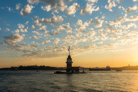 Maiden's Tower with sunset sky in Istanbul, Turkey (KIZ TOLESI - USKUDAR)の写真素材