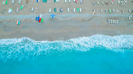 Top view of Oludeniz beach with turquoise sea and waves. Oludeniz - Fethiye, Mugla, Turkey.の写真素材