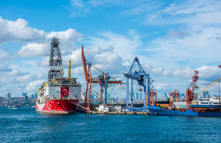 ISTANBUL, TURKEY - SEPTEMBER 4, 2021: YAVUZ Turkish Drillship mooring on Haydarpasa Port. Yavuz ship...