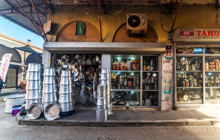 ADANA, TURKEY - DECEMBER 4, 2021: Kazancilar Bazaar (Adana Kazancilar Carsisi) in Adana, Turkey. Most popular old bazaar for tourists.のeditorial素材