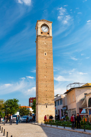 ADANA, TURKEY - DECEMBER 4, 2021: The Great Clock Tower is a historical clock tower in Adana. Tower seems from old bazaar street.のeditorial素材