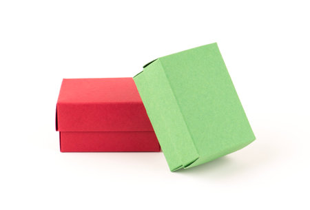 Christmas gift boxes isolated on white background. Green and red paper box.の写真素材