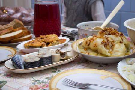 Ukrainian festive Christmas table with homemade dishesの写真素材