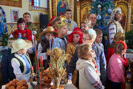 childrens performance at Christmas,12.01 2020 Ukraine, Mervychi,religious performance Christmas nativity scene in the templeのeditorial素材