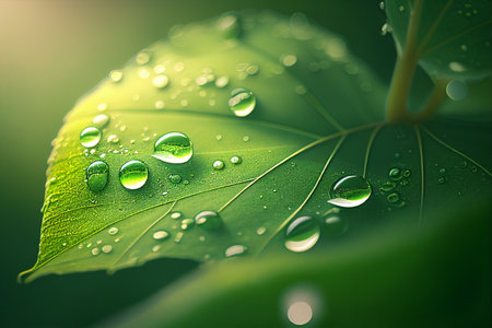 dew drops in the morning on a green leaf, green spring backgroundの素材