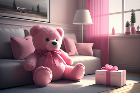 a beautiful pink teddy bear with a gift in the living room,Generative AIの素材