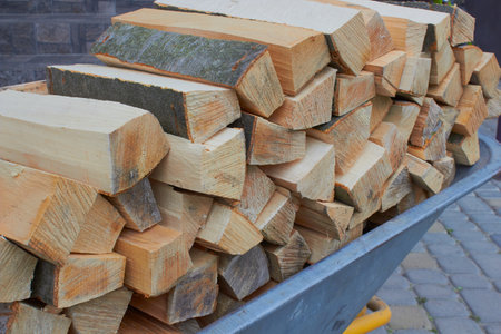 chopped firewood lies in a wheelbarrow, firewood for the fireplaceの写真素材