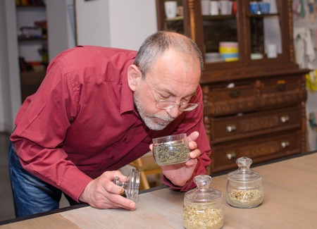 Aged man making tea on the kitchenの写真素材