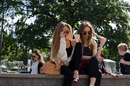 Two girlfriends enjoing time together during the summerの写真素材
