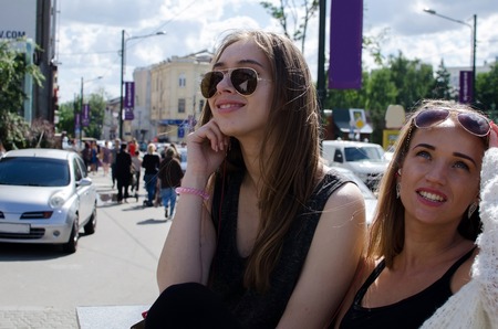 Two girlfriends enjoing time together during the summerの写真素材