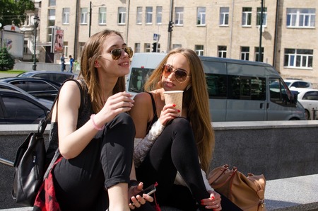 Two girlfriends enjoing time together during the summerの写真素材
