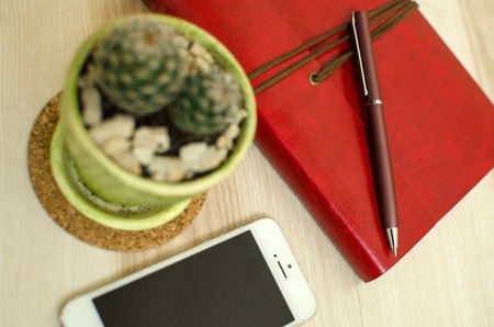 Set of cactus, cellphone and the daily planner on the wooden backgroundの写真素材