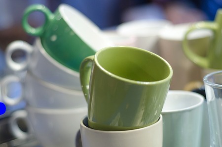 Set of clorful cups on the kitchenの写真素材