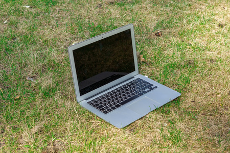 Silver laptop on the grassの写真素材