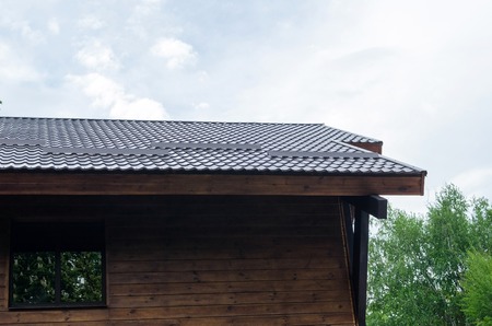 Close up of modern wooden building in the city