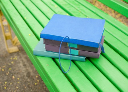 Closeup of several books on the bench in the park