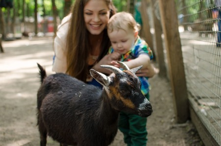 Young mother is walking with her small child in the parkの写真素材