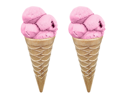 strawberry Ice cream in the cone on white backgroundの写真素材